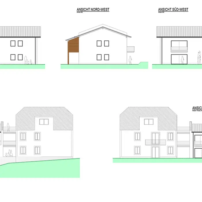 PDF-Übersicht mit grafischen Gebäudeansichten und Dokumentation des Baufortschritts der Wohnanlage Neukirchen. Der Plan zeigt die Fassadengestaltung und Fensterplanung des Fensterspezialisten Schreinerei Renaltner – Qualität seit 1926.
