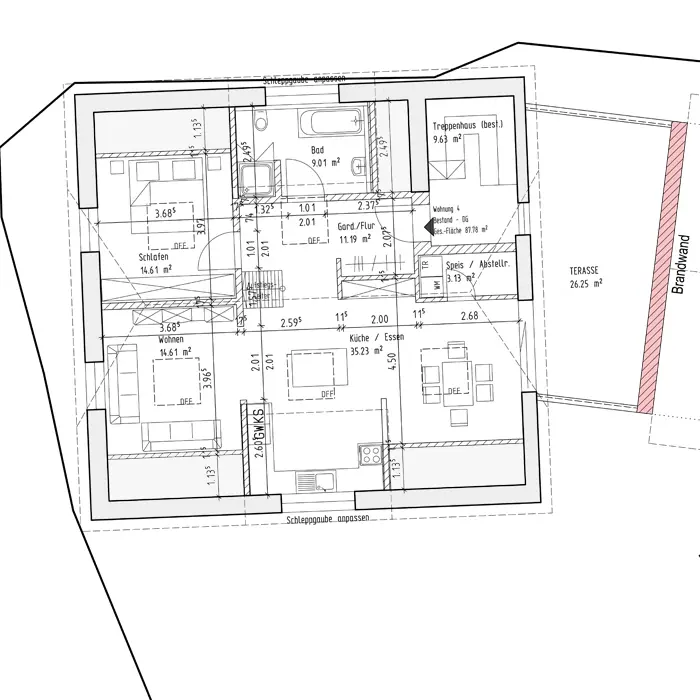 Technische PDF-Übersicht des Dachgeschoss-Ausbaus in der Wohnanlage Neukirchen. Die Zeichnung zeigt die Raumaufteilung und die exakte Positionierung der Gauben- und Dachfenster der Schreinerei Renaltner – Fensterspezialist seit 1926.