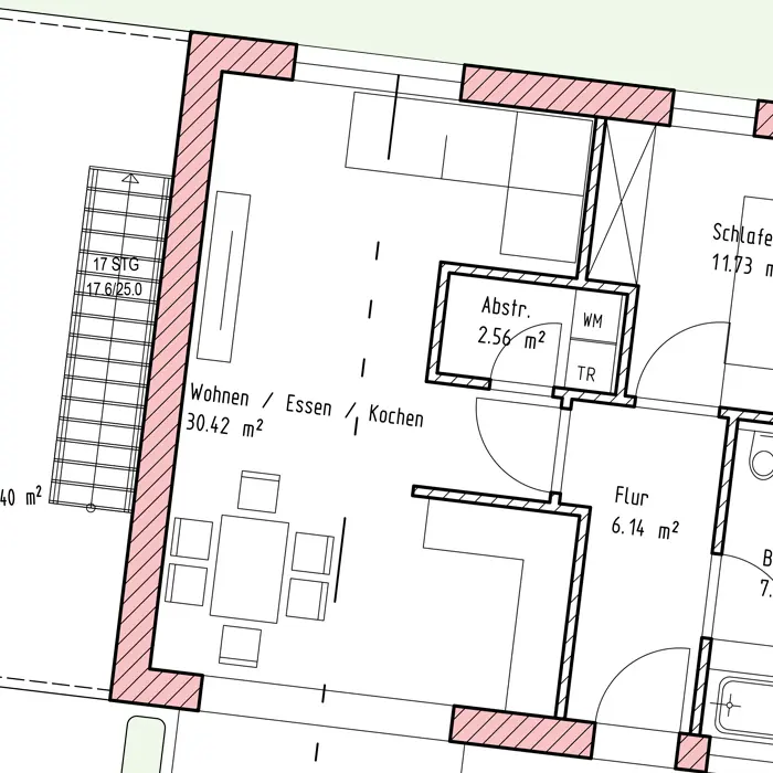 Technische Zeichnung des Erdgeschoss-Rohbaus einer Wohnanlage in Neukirchen am Inn. Der PDF-Plan zeigt die exakte Platzierung der Fenster-Elemente der Schreinerei Franz Renaltner zum Start der Ausbau-Arbeiten.