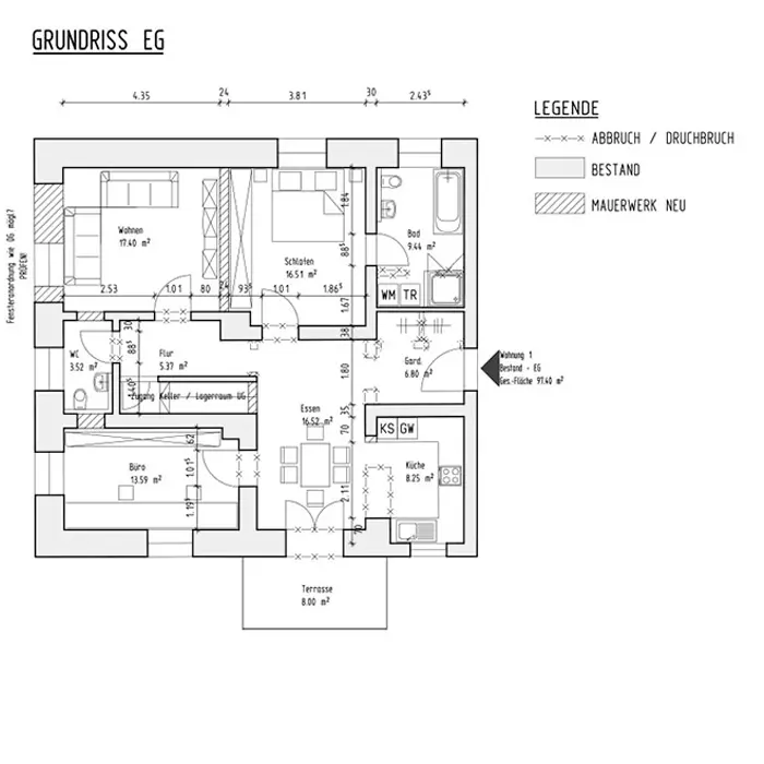 Technische Zeichnung des Grundrisses für das Neubauprojekt Wohnanlage Neukirchen. Das Dokument zeigt die exakte Planung der Fensterelemente durch den Fachbetrieb Schreinerei Renaltner, Spezialist für Fensterbau in Niederbayern.