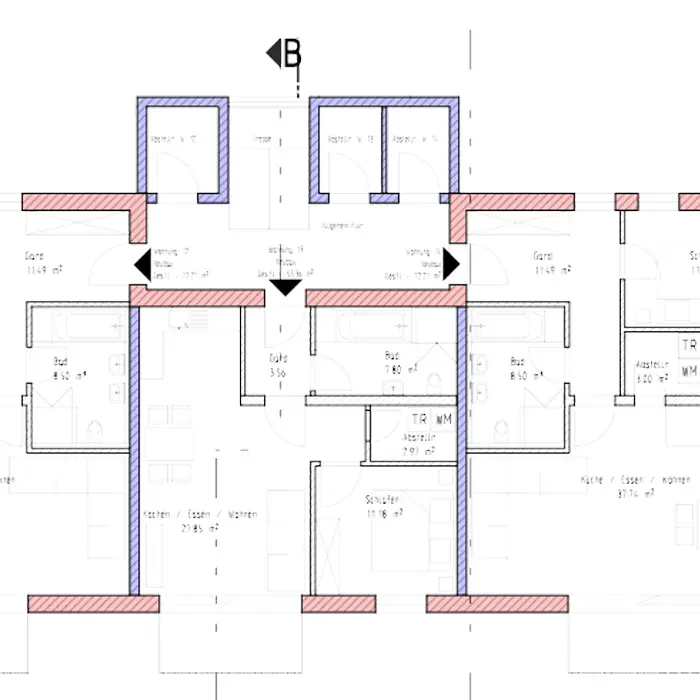 Technische Zeichnung des Obergeschosses im Projekt Wohnanlage Neukirchen. Der Plan zeigt die präzise Anordnung der Fensterelemente, geplant und ausgeführt vom Fachbetrieb Schreinerei Renaltner – Fensterspezialist seit 1926.