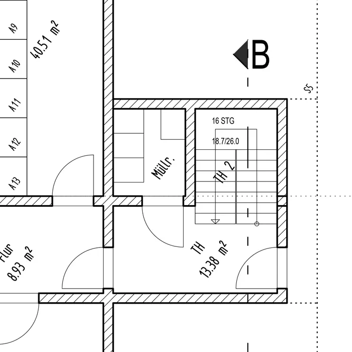PDF-Bauzeichnung des Untergeschosses während der Ausbauphase der Wohnanlage Neukirchen. Der Plan dokumentiert die präzise Fensterplanung der Schreinerei Renaltner, Ihrem Fachbetrieb für Fensterbau seit 1926.
